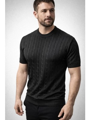 Erkek Yazlık Triko Dokuma Tişört Kısa Kol Bisiklet Yaka Örgü Desenli T-Shirt - Siyah