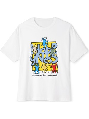 Tişört Kodu Happiness Oversize Kadın Tişört – Renkli Street Art Baskı