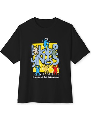 Tişört Kodu Happiness Oversize Kadın Tişört – Renkli Street Art Baskı
