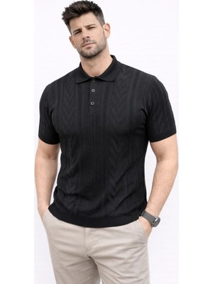 Tarz Yeri Erkek Yazlık Triko Tişört Kısa Kol Polo Yaka Düğmeli T-Shirt - Siyah