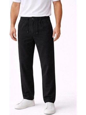 Erkek Keten Cepli Pantolon Lastikli Bel Bağcıklı Önden Fermuarlı - Siyah