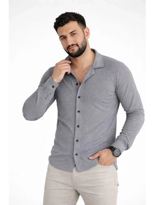 Tarz Yeri Erkek Waffle Kumaş Uzun Kollu Düğmeli Açık Yaka Regular Fit Gömlek - Füme