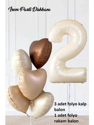 İrem Parti Dükkanı 2 Yaş Parti Retro Pastel Doğum Günü Seti 1 Adet Bej Krem Rakam Folyo, 3 Adet Kalp Folyo Balon