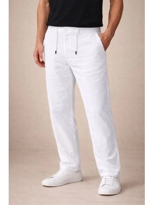 Tarz Yeri Erkek Keten Cepli Pantolon Lastikli Bel Bağcıklı Önden Fermuarlı - Beyaz