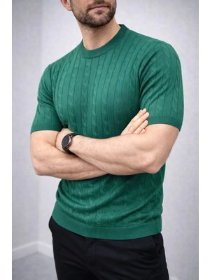 Erkek Yazlık Triko Dokuma Tişört Kısa Kol Bisiklet Yaka Örgü Desenli T-Shirt - Haki