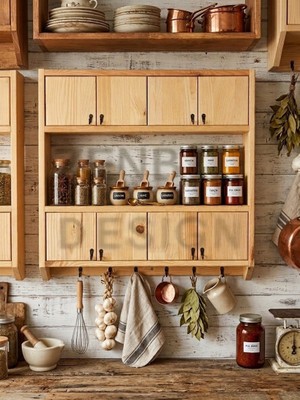 Zenba Design Büyük Boy Ahşap Terek Çift Raflı Bardak Rafı Baharatlık