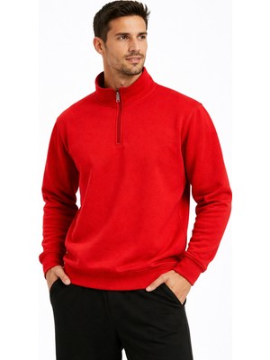Justas Erkek Iki Iplik Şardonlu  Kırmızı Yarım Fermuarlı Sweatshirt Rahat Kalıp Spor & Günlük