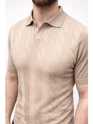 Erkek Yazlık Triko Dokuma Tişört Kısa Kol Polo Yaka T-Shirt - Bej