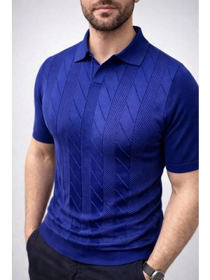Tarz Yeri Erkek Yazlık Triko Dokuma Tişört Kısa Kol Polo Yaka T-Shirt - Lacivert