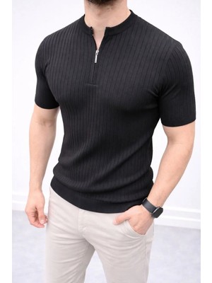 Erkek Kısa Kol Fitilli Triko T-Shirt Yazlık Hakim Yaka Tişört - Siyah