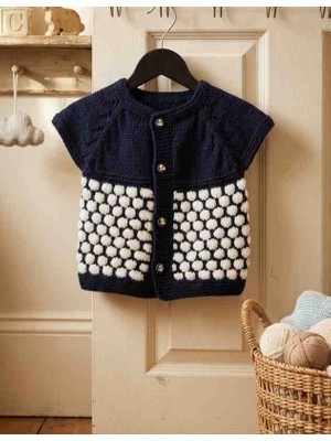 Yarımada Kadın Kooperatifi ​handmade Bebek Yeleği - %100 El Örgüsü Kabarcık Desenli Lacivert-Beyaz - 0-6 Ay