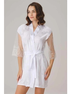 Aria's Closet Arias Closet Çeyizlik Uzun Kol V Yaka Saten Düz Yazlık Mini Dantel Detaylı Sabahlık