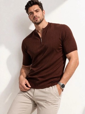 Erkek Kısa Kol Fitilli Triko T-Shirt Yazlık Hakim Yaka Tişört - Kahverengi