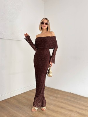 Amaze Kadın Kahve Rengi Ful Dantel Detay Uzun Kollu Astarlı Elbise