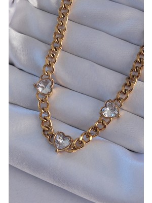 Uravas Store Çelik Gold Renk Zirkon Taşlı Model Zincir Kolye
