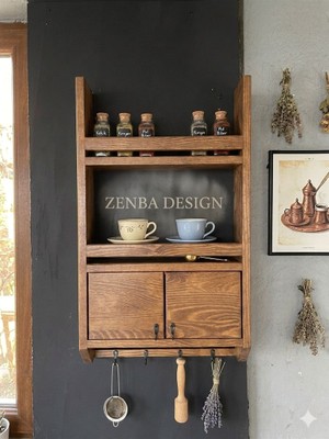 Zenba Design Ahşap Terek Geniş Kapak Bardak Baharatlık Düzenleyici Raf