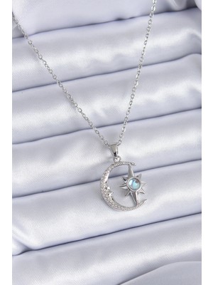 Uravas Store Çelik Gümüş Renk Zirkon Taşlı Ay Yıldız Model Kadın Kolye