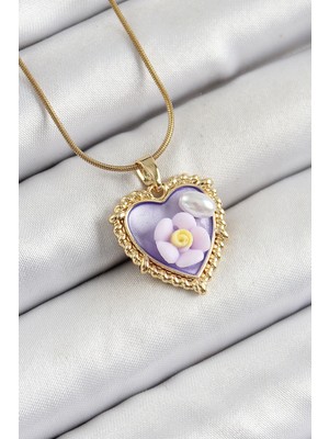 Uravas Store Çelik Zincir Mor Sanatsal Portre Inci Detaylı Papatya Figürlü Model Gold Renk Kadın Kolye