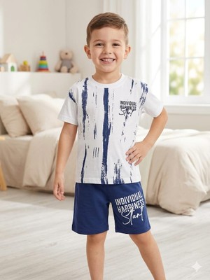 Alkın Kids 4-10 Yaş Erkek Çocuk Pamuklu Beyaz-Lacivert Kısakollu Şortlu Yazlık Takım