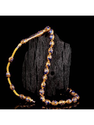 İskender Tesbih Lacivert Mineli Hat Işlemeli Koleksiyonluk Altın Tesbih