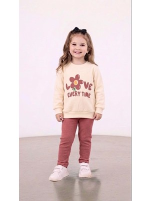 Stilera Kız Çocuk Baskılı Sweat ve Fitilli Tayt Mevsimlik Alt Üst Takım