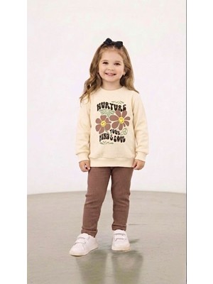 Stilera Kız Çocuk Baskılı Sweat ve Fitilli Tayt Mevsimlik Alt Üst Takım