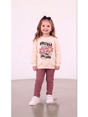 Stilera Kız Çocuk Baskılı Sweat ve Fitilli Tayt Mevsimlik Alt Üst Takım