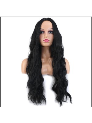 Handmade Uzun Hafif Dalgalı Siyah Fiber Kaliteli Sentetik Saç