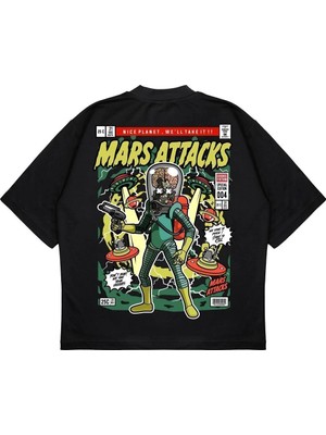 Pure Effect Unisex Oversize Mars Attack Sırt Baskılı Boxy Fit Kalın Kumaşlı T-Shirt
