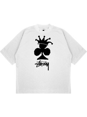 Pure Effect Unisex Oversize Stussy New Crown Baskılı Boxy Fit Kalın Kumaşlı T-Shirt