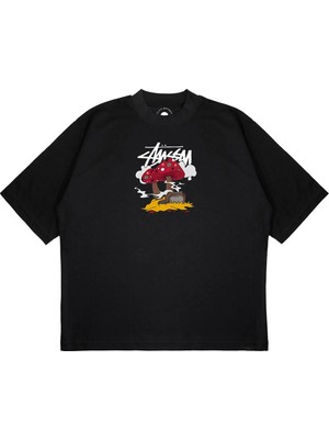 Pure Effect Unisex Oversize Stussy Mantar Baskılı Boxy Fit Kalın Kumaşlı T-Shirt