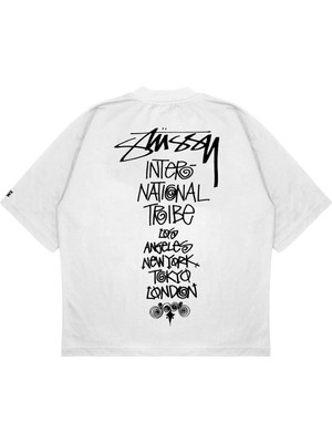 Pure Effect Unisex Oversize Stüssy Tokyo London Baskılı Boxy Fit Kalın Kumaşlı T-Shirt
