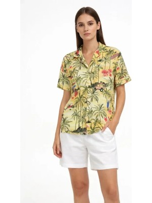 Marsilyan Gün Batımı Tropikal Desenli Kısa Kol Gömlek Şort Takım Yazlık Rahat Kalıp - Desenli