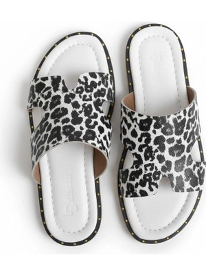 Efw %100 Hakiki Deri Leopar  Beyaz  Kadın Terlik