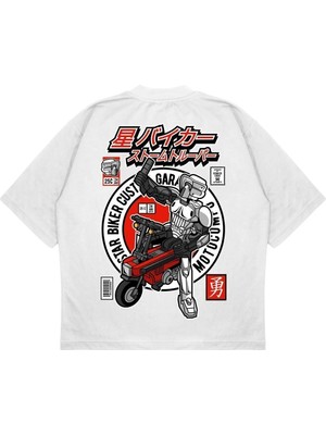 Pure Effect Unisex Oversize Motocompo Sırt Baskılı Boxy Fit Kalın Kumaşlı T-Shirt