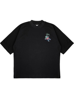 Pure Effect Unisex Oversize Stussy Babydoll Baskılı Boxy Fit Kalın Kumaşlı T-Shirt
