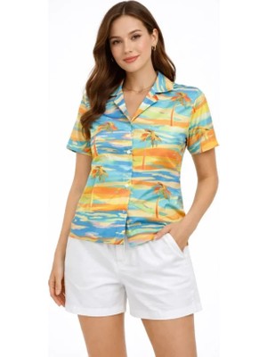 Marsilyan Yazlık Tropikal Desenli Gömlek Şort Takım Rahat Kalıp Tatil Kombin  - Desenli