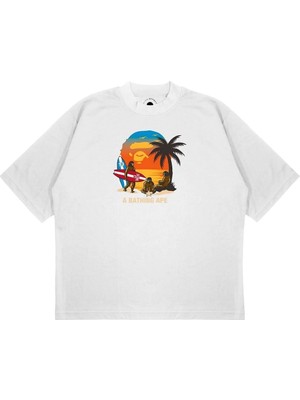 Pure Effect Unisex Oversize A Bathıng Ape Surfıng Baskılı Boxy Fit Kalın Kumaşlı T-Shirt