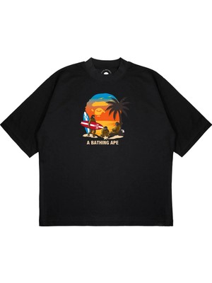 Pure Effect Unisex Oversize A Bathıng Ape Surfıng Baskılı Boxy Fit Kalın Kumaşlı T-Shirt