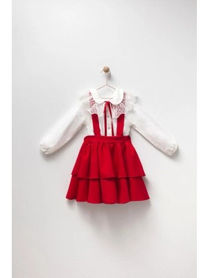 Magu Kız Çocuk Gömlekli Yakası Dantelli Kırmızı Kat Kat Etekli Salopet Elbise