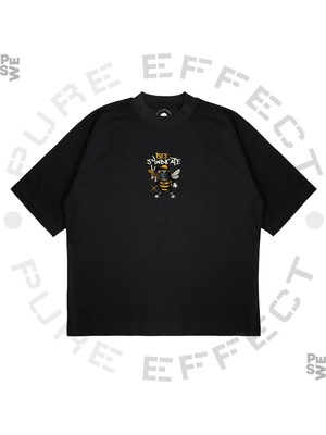Pure Effect Unisex Oversize Bee Syndicate Baskılı Boxy Fit Kalın Kumaşlı T-Shirt