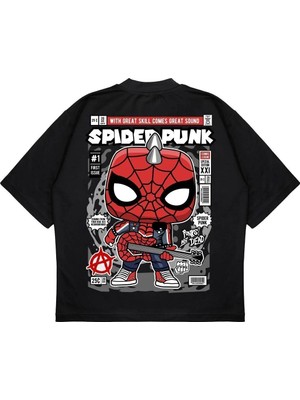Pure Effect Unisex Oversize Spıder-Man Punk Sırt Baskılı Boxy Fit Kalın Kumaşlı T-Shirt
