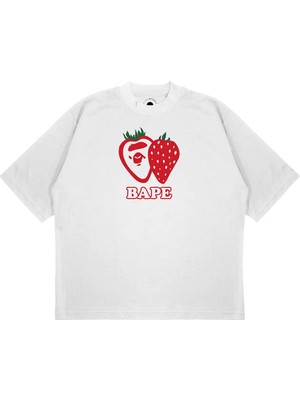 Pure Effect Unisex Oversize A Bathıng Ape Strawberry Baskılı Boxy Fit Kalın Kumaşlı T-Shirt