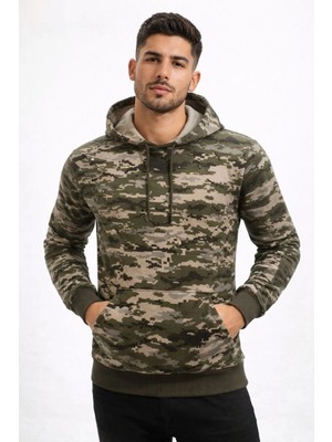 Marsilyan Erkek Kamuflaj Desenli 2 Iplik 4 Mevsim Kapüşonlu Kanguru Cepli Hoodie Sweatshirt - Kamuflaj