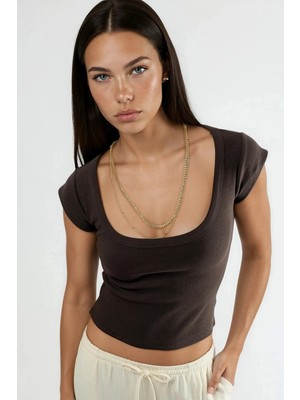 Hiccup Kadınlar BUSEM Slim Fit Ribana U Yaka Bluz Kahve Kahvesi