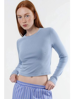 Hiccup Kadın Busem Slim Fit Uzun Kollu Bisiklet Yaka Crop Top Buz Mavisi