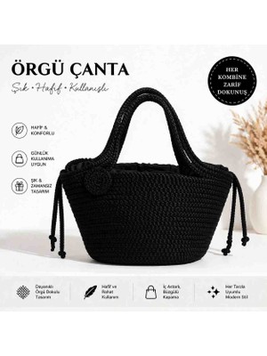 Rovin Kadın Girişimi El Yapımı Siyah Örgü Çanta – Oval Tasarım, Astarlı, Günlük Şık Kullanım (21X18 Cm)