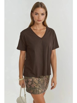 Hiccup Kadın BUSEM V-Yaka Düz Örme Tişört Kahve Kahvesi