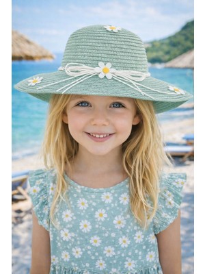 Aydın Şapkacınız Yazlık Papatya Süslemeli Kız Çocuk Hasır Fötr Şapka 4-8 Yaş (48 Cm)