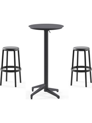 Tilia 2 Kişilik Polipropilen Bar Masa Takımı Siyah (Moon Katlanır Bar Masası Ø60 cm + Duo Bar Taburesi)